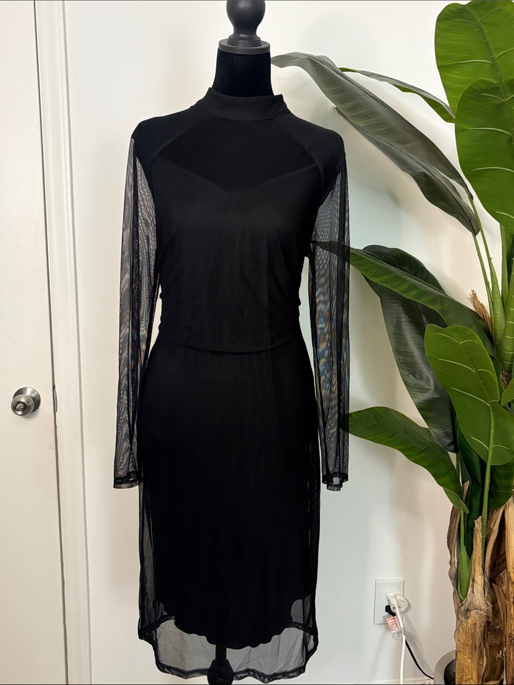 Black Long-Sleeve Mesh Panel Midi Dress